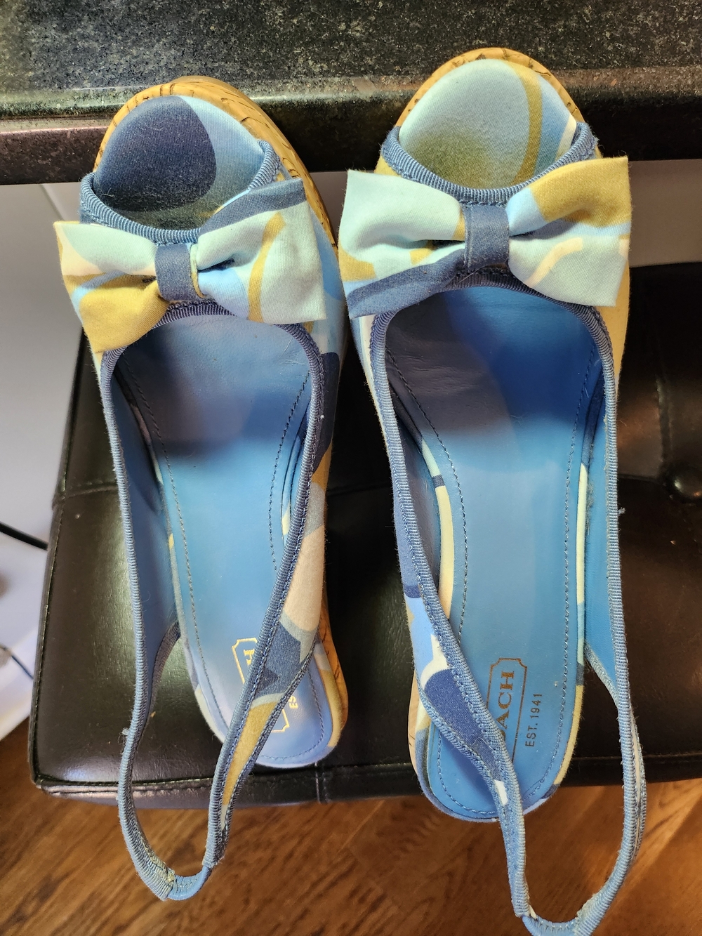 Coach Gwynnie Blue & Cream Bow Wedge Heel Sandals